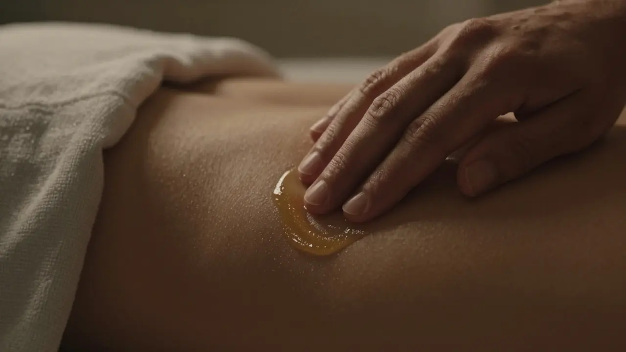 Ruka pomalu masíruje vnitřní stranu stehna teplým olejem při měkkém osvětlení.