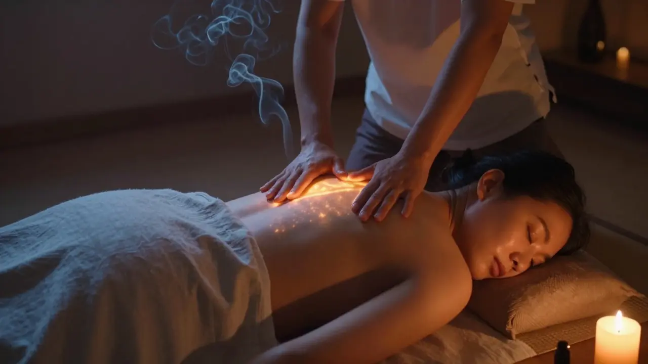 Tantrická masáž: klient leží v meditaci, terapeut rukou přibližuje energii bez fyzického doteku, svíčky a kouř z kadidla.