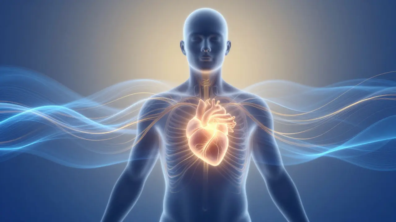 Abstraktní silueta lidského těla s jemnými vlnami světla symbolizujícími vyvážený nervový systém a emocionální bezpečí.