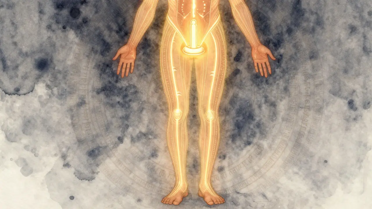 Energetické linie proudí tělem muže od nohou k pánvi, symbolizující tantrickou praxi.