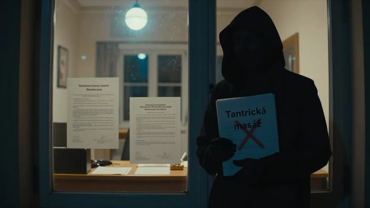 Legální dokumenty pro maséry na stole proti stínu osoby s neplatným certifikátem.