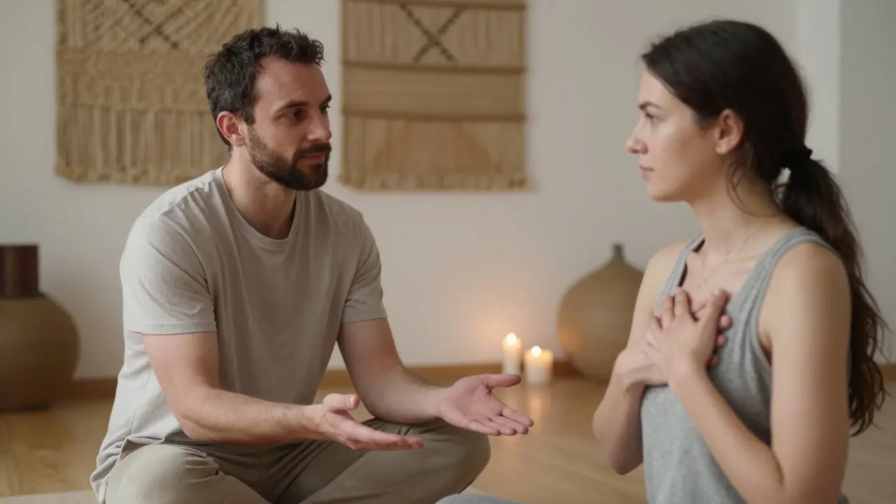 Lektor a účastník sedí proti sobě, bez dotyku, s důrazem na souhlas a hranice, v klidném, osvětleném prostředí.