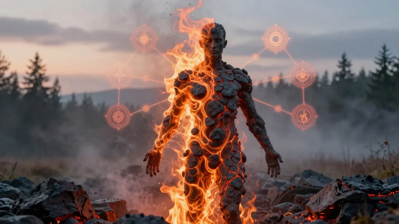Lidské tělo se mění v proudy ohně a země, lávové kameny se spojují s tajemnými symboly energie ve vzduchu.