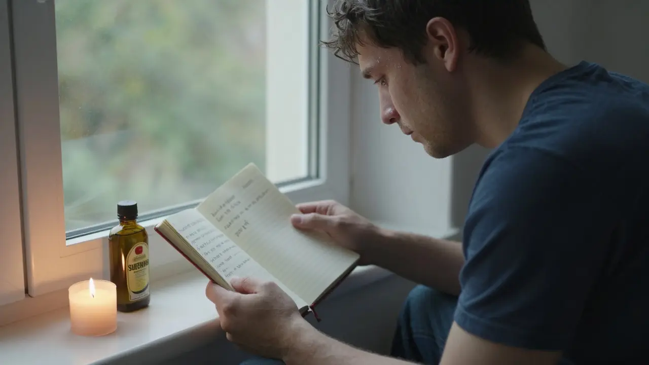 Muž sedí u okna po masáži, pláče, drží sešit s psanými hranicemi.