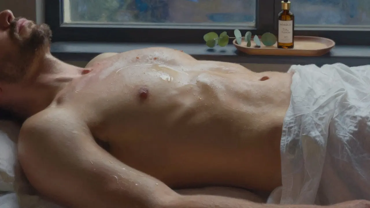 Mužské tělo s jemně zářivým olejem na kůži, osvětlené měkkým světlem a přítomností přírodních prvků.