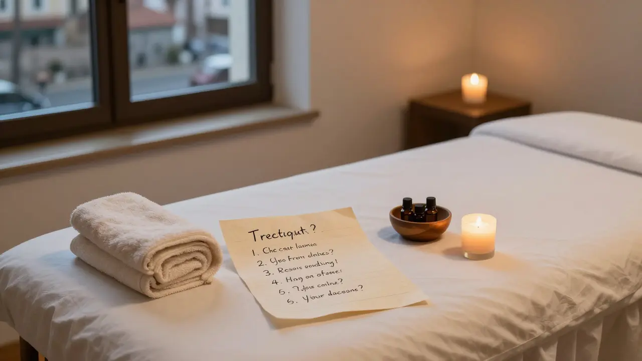 Připravená místnost s listem otázek a svíčkou — předmasážní příprava a úmysl.