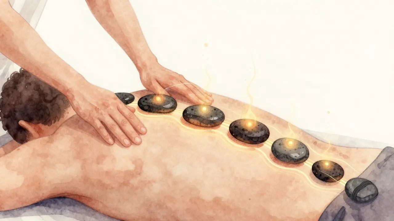 Ruce vede lávové kameny po těle, v okolí se objevují zlaté energetické linky spojující body podél páteře.
