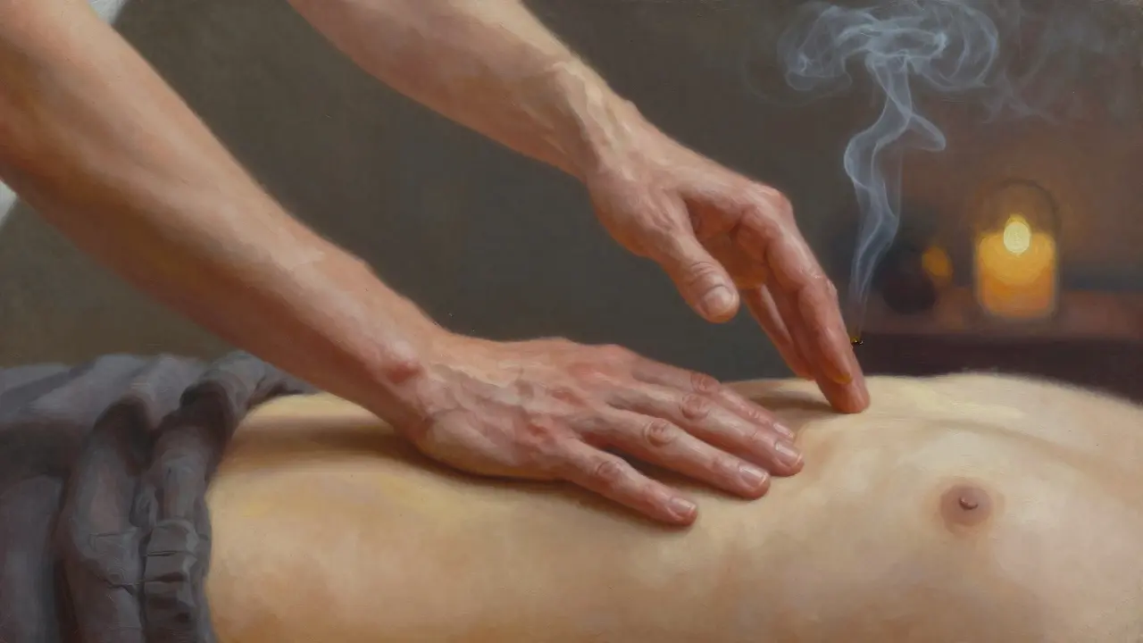 Ruka maséra jemně leží na břiše klienta, druhá ruka je v blízkosti, ale nedotýká se — symbolizuje respekt a přítomnost.