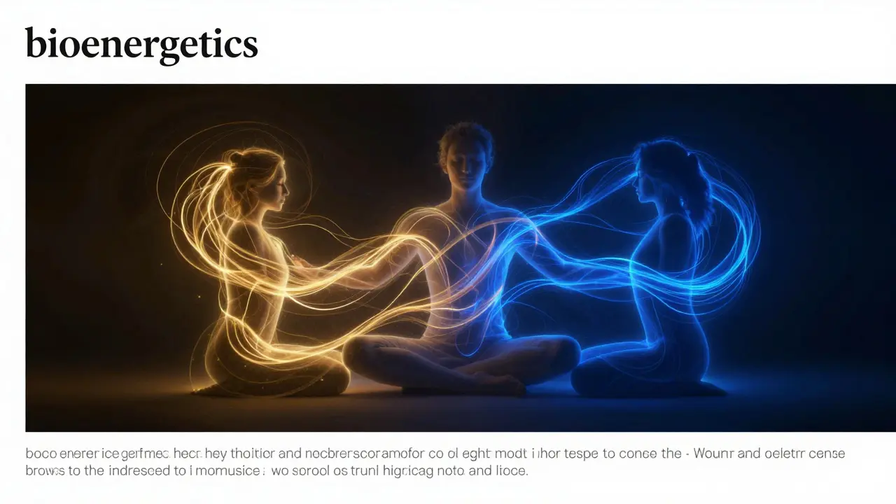 Abstraktní zobrazení energetického proudění mezi masérem a klientem během terapie.