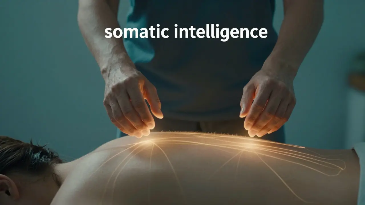 Detail rukou maséra nad tělem klienta s vizualizací energetického proudu.