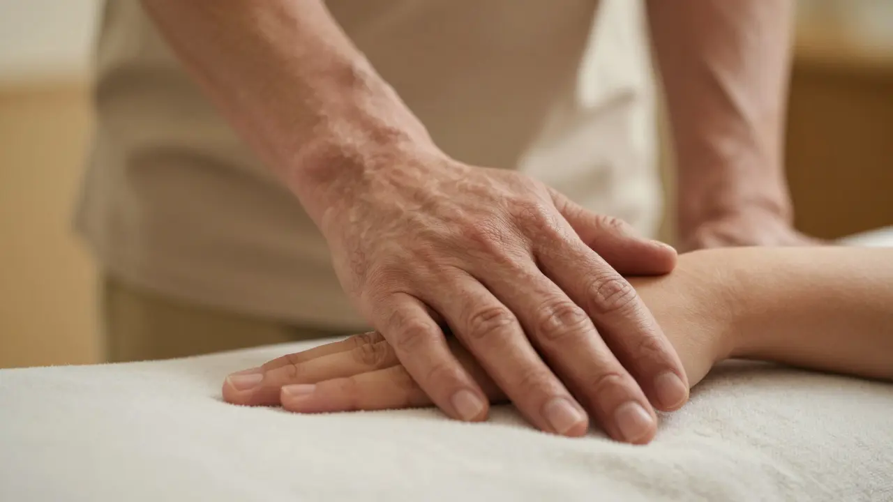 Detail ruky mentora vedoucího studenta během supervizního sezení v tantře.