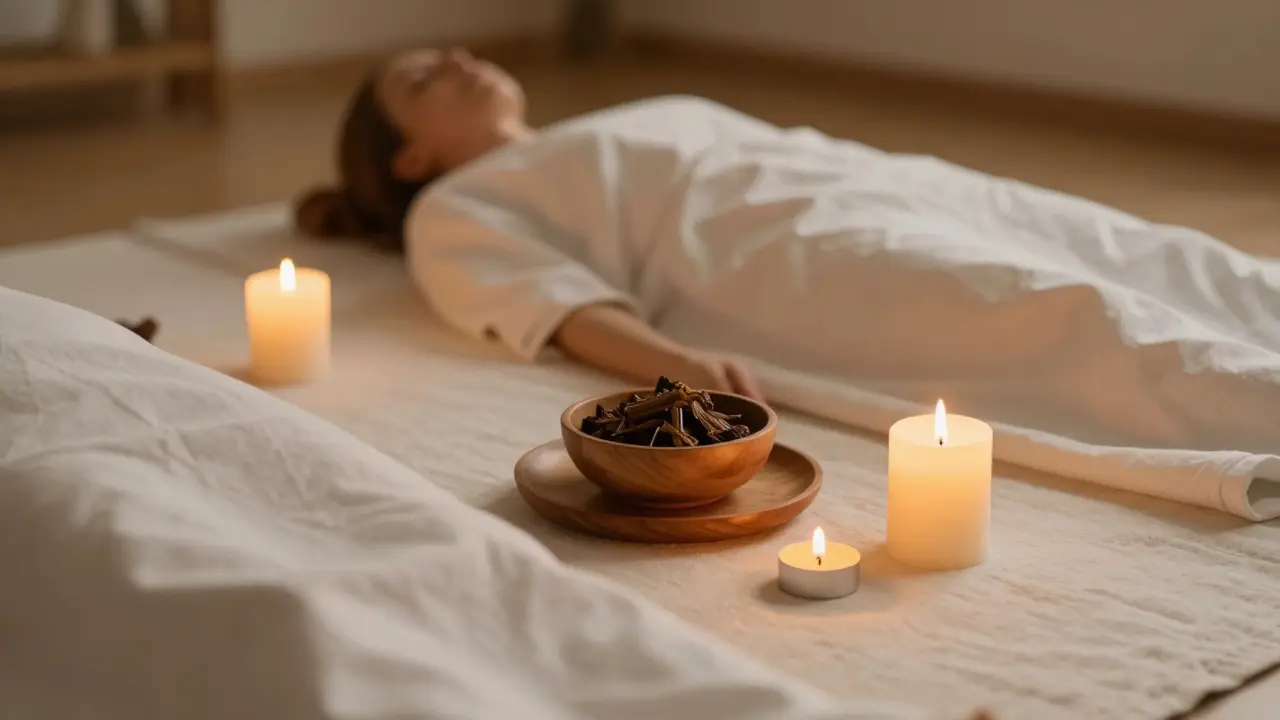 Klidný prostor pro tantrický rituál s Assuming svíčkami a oleji.