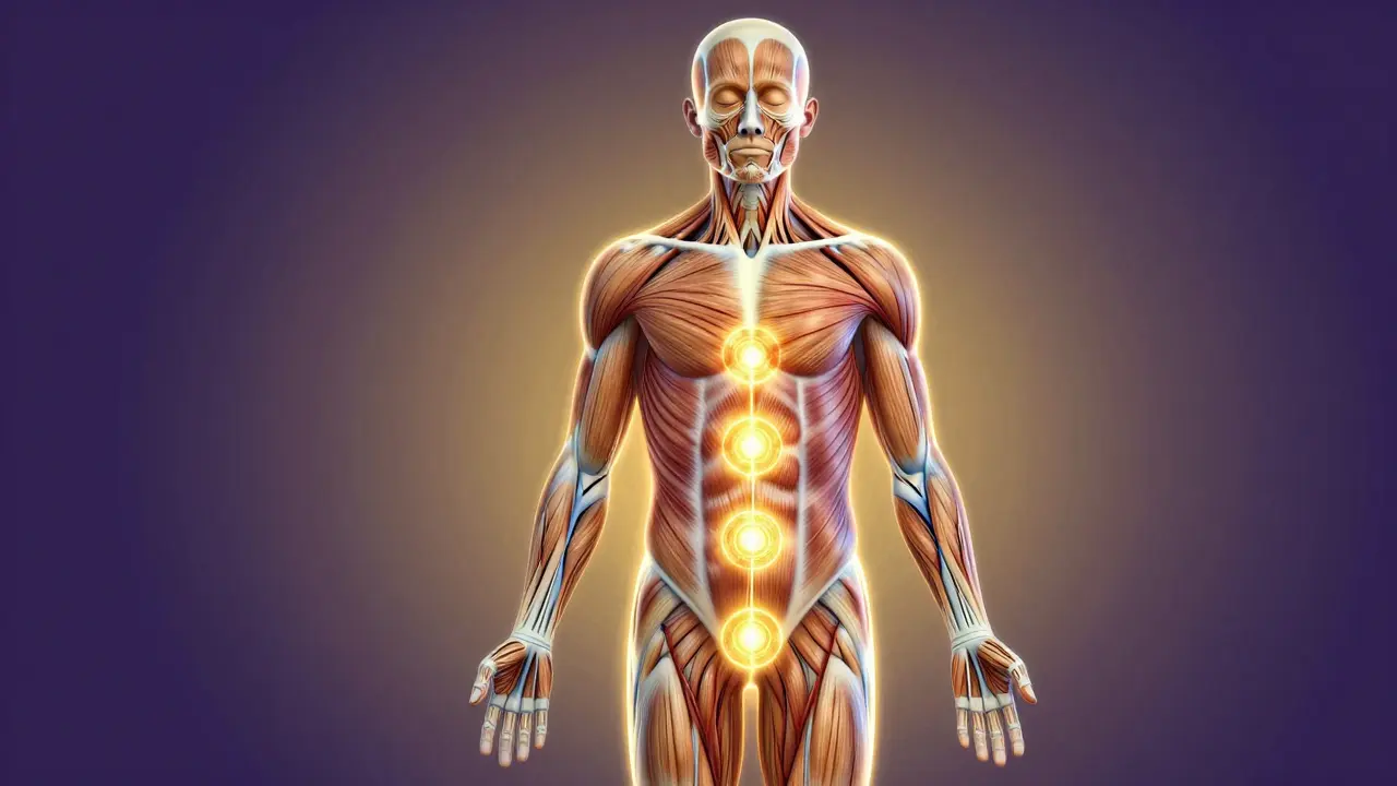 Konceptuální obraz svalového napětí a energetických center v lidském těle.