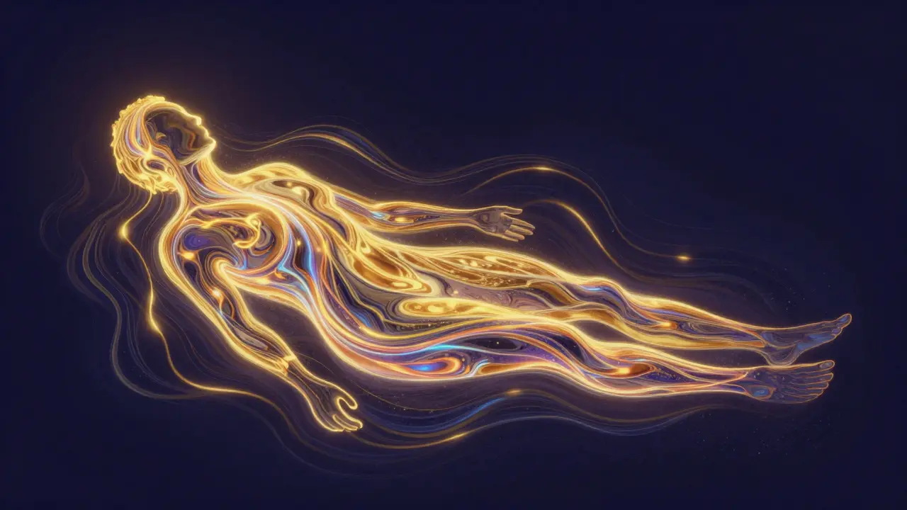 Silueta člověka s proudící zlatou energií po celém těle.