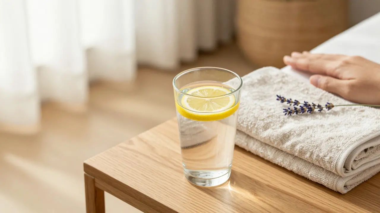 Sklenice čisté vody a ručník v minimalistickém wellness prostředí.