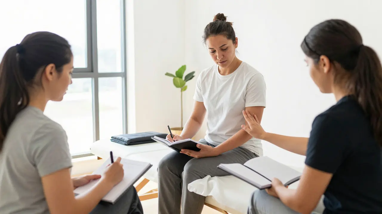 Skupina studentů tantrické masáže při společném praktickém tréninku v moderním studiu.