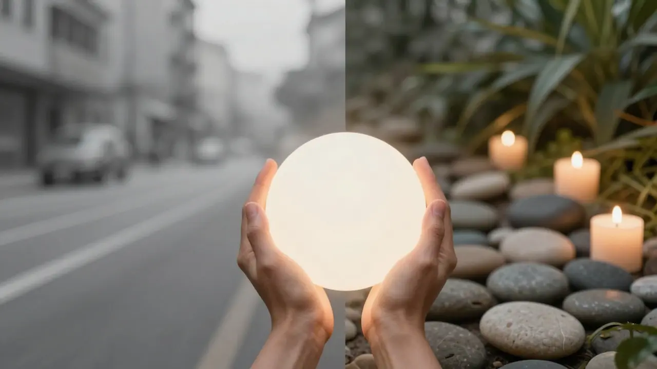 Světlý energetický kruh v dlaních symbolizující vnitřní klid a uvolnění bloků.