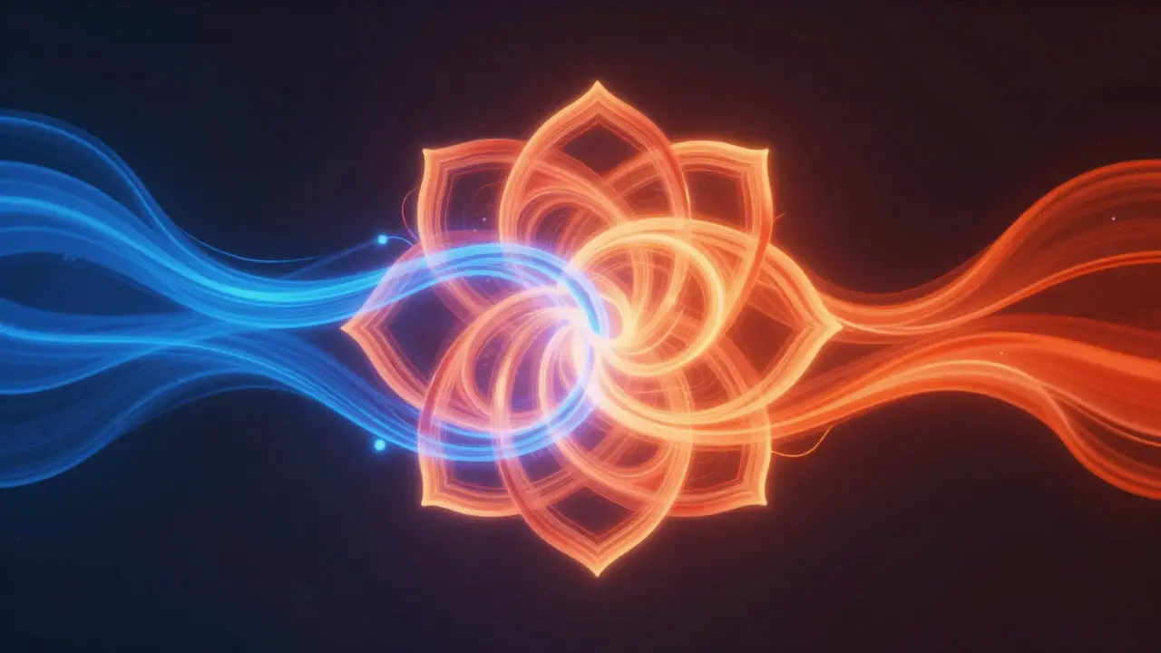 Abstraktní vizualizace sloučení klidné modré a dynamické oranžové energie do harmonického tvaru.