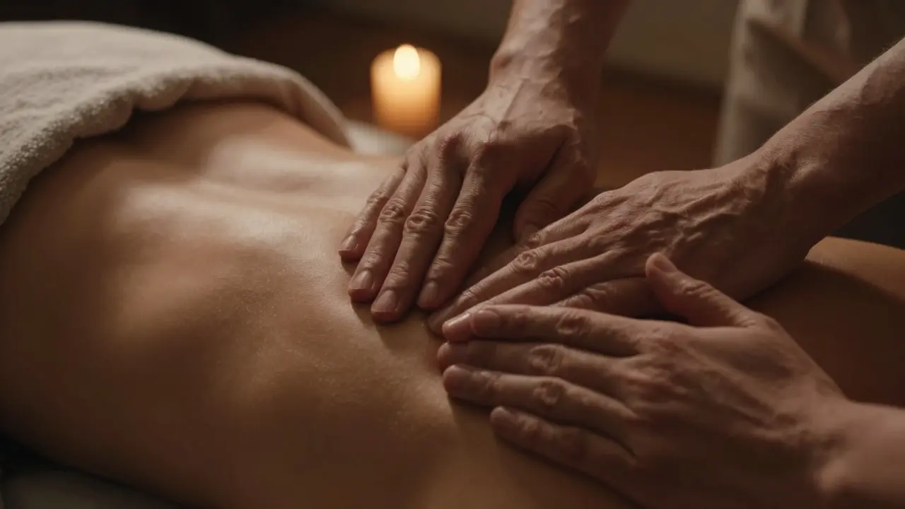 Jemný terapeutický dotek na rameni v intimním, teplém osvětlení vyjadřující bezpečí a uvolnění.