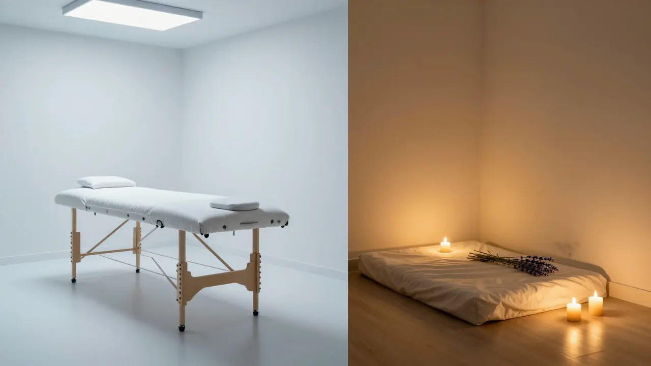 Kontrast mezi klinickým masážním lehátkem a útulnou domácí matrací na podlaze.