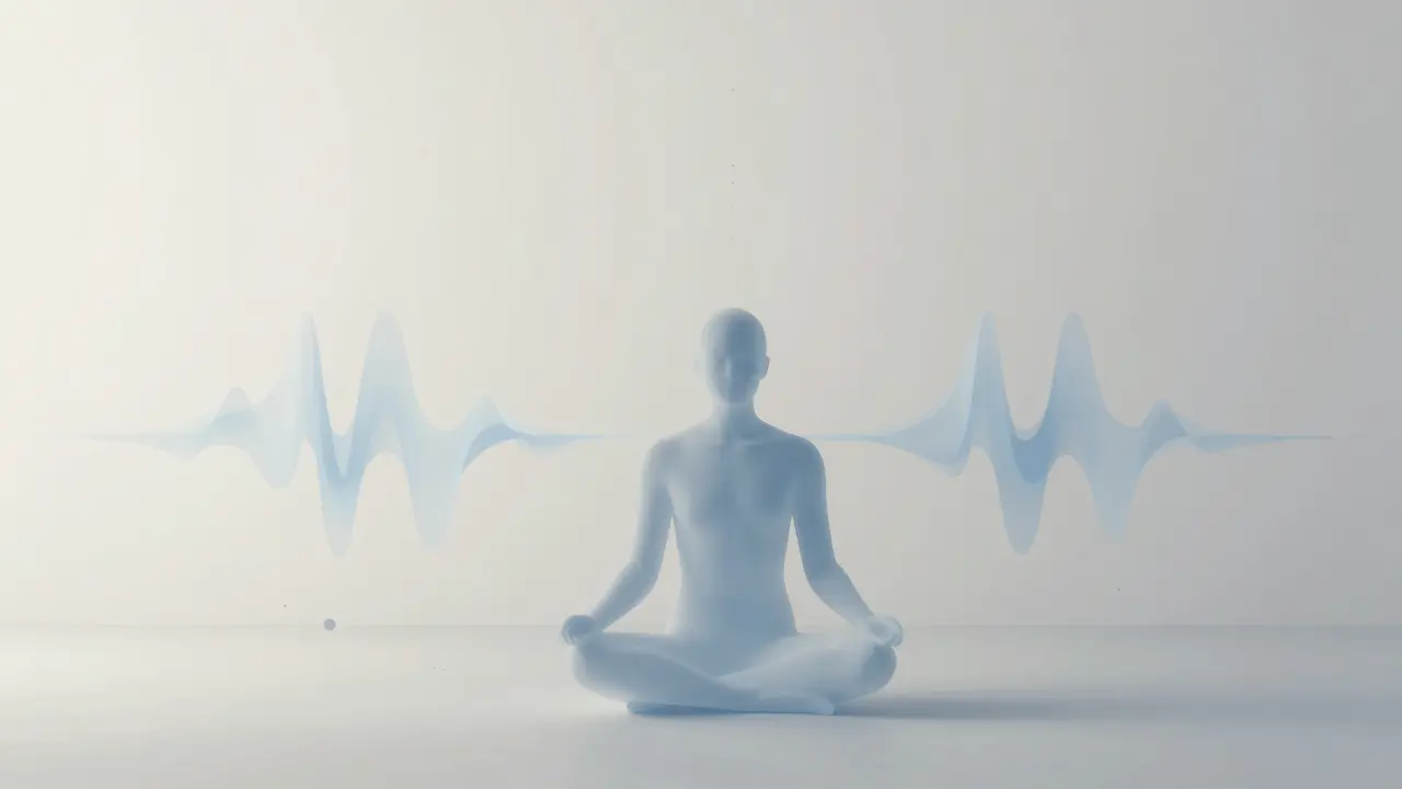 Minimální scéna meditace vizualizující zpomalený dech a klid mysli