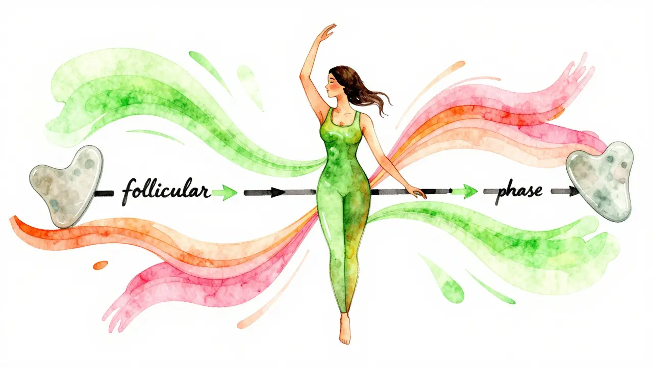 Energetická ilustrace ženy v folikulární fázi, vyzařující vitalitu a sílu.