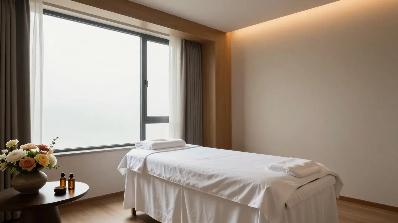 Luxusní interiér wellness centra s masážním stolem a klidnou atmosférou