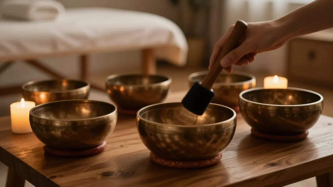 Tibetské mísy na dřevěném stole osvětlené svícny v klidné terapeutické místnosti