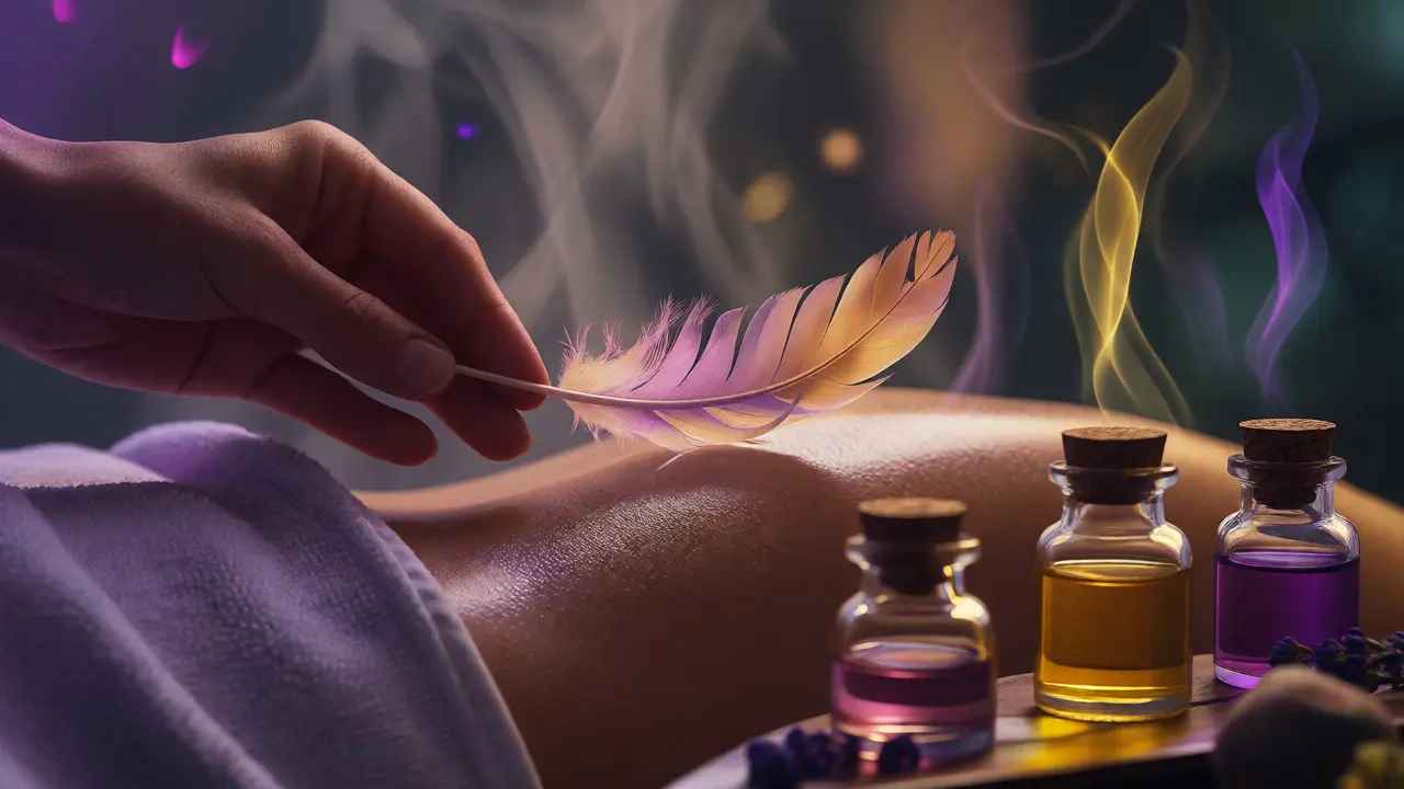 Detail smyslové masáže s peřím, horkým ručníkem a aromaterapeutickými oleji