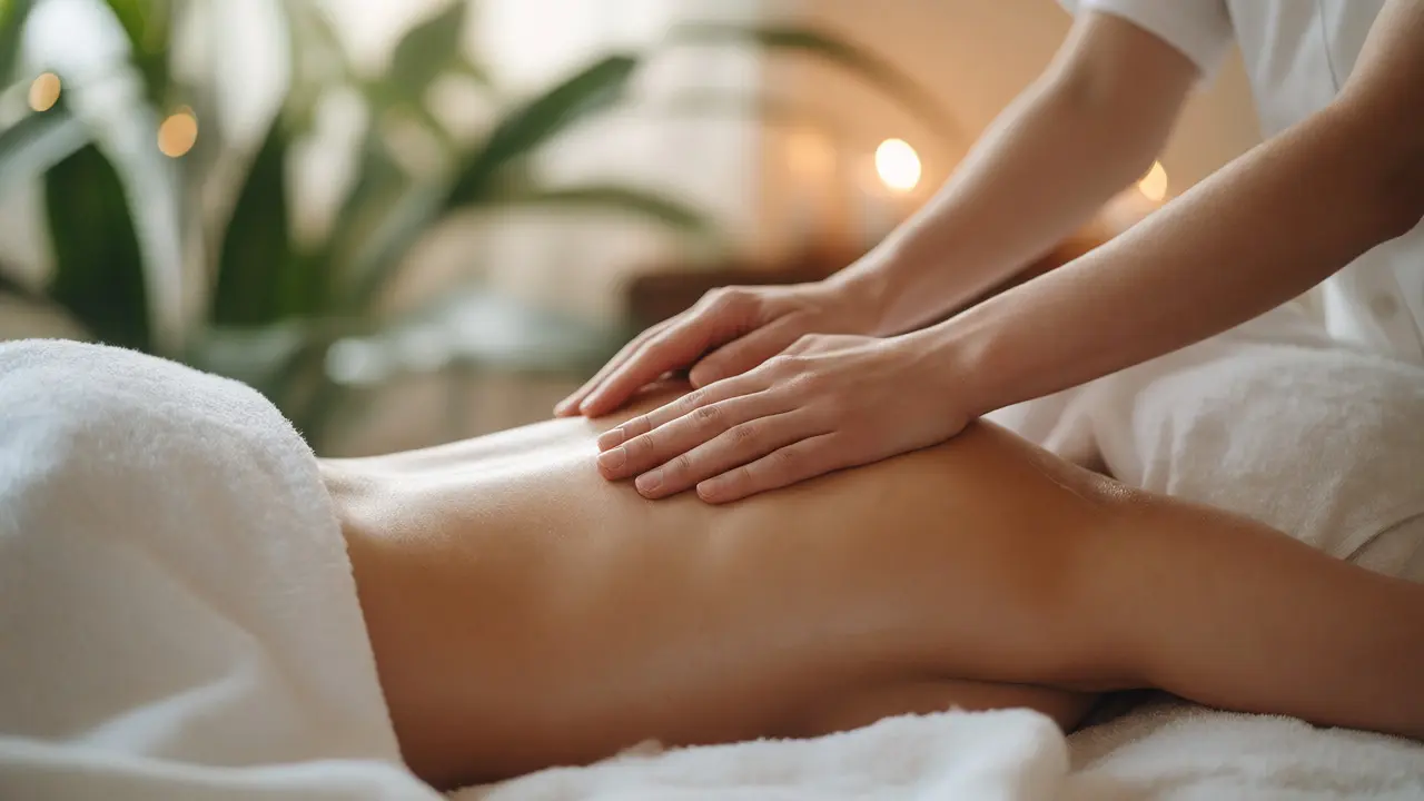 Jemné ruce terapeuta na zádech klienta v relaxačním prostředí.
