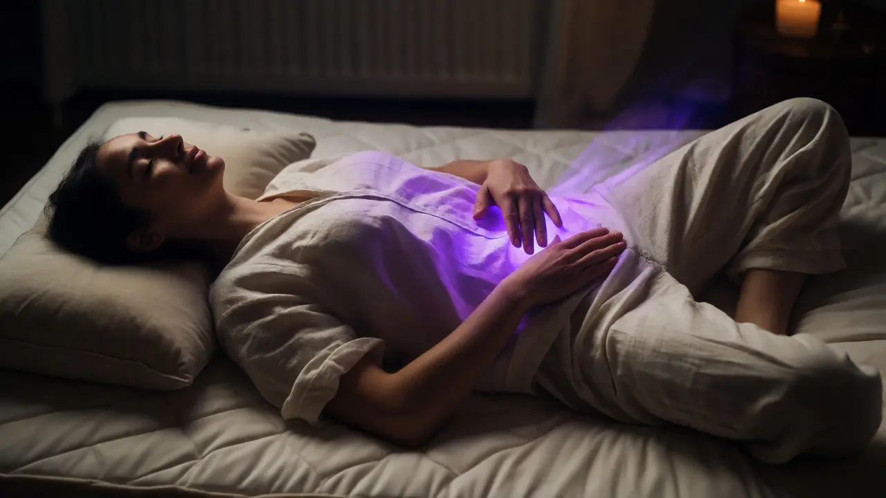 Osoba v pozici savasana s rukama na srdci a břichu