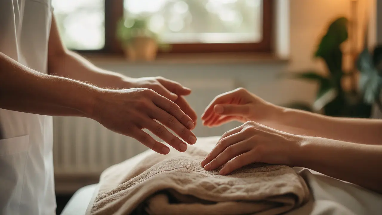 Ruce terapeuta a klienta naznačující hranice a důvěru
